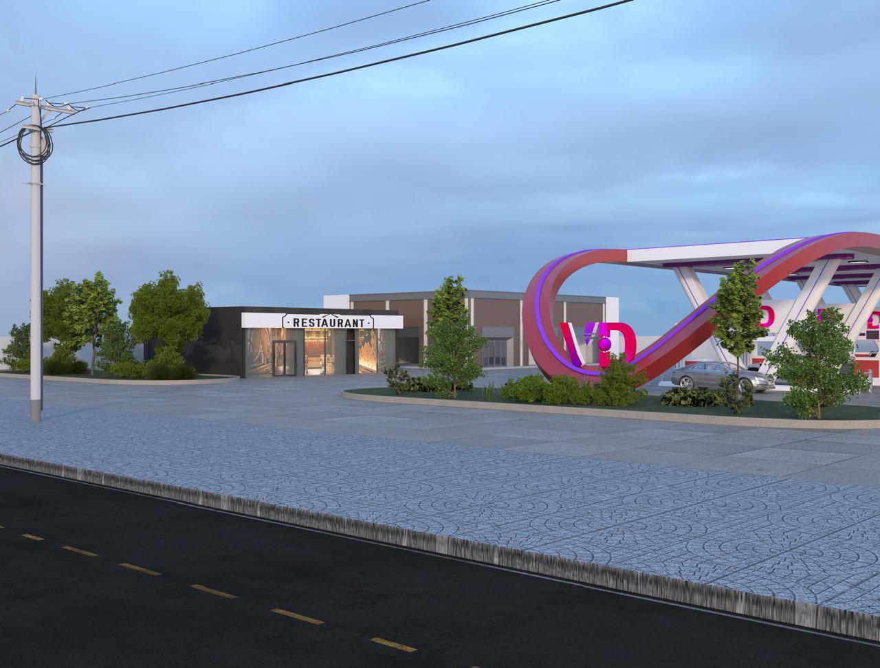 A VD combo site with fuel bays, convenience store, and restaurant