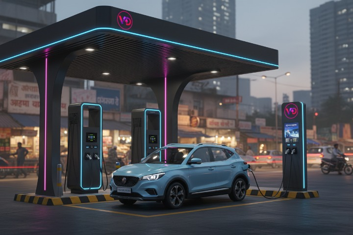 A VD EV charging station with neon-lit canopy at dusk